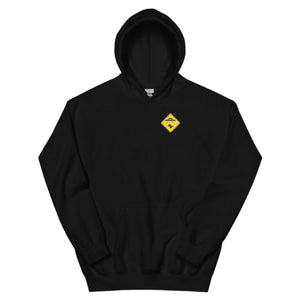 Black hoodie with a yellow and black logo on a white background