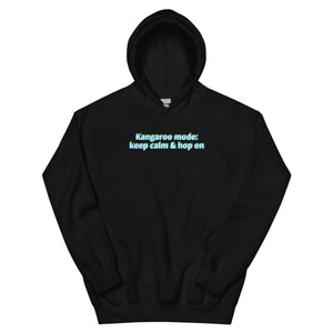 Black hoodie with text 'Kangaroo mode: keep calm & hop on' on a white background