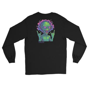 Black long-sleeve shirt with a colorful alien design on the back against a white background