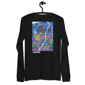 Black long-sleeve shirt with colorful graphic design on a hanger