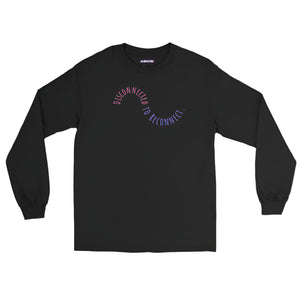 Black long-sleeve shirt with text on a white background