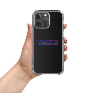 Black phone case with ALIENCORE logo held by a hand on a white background