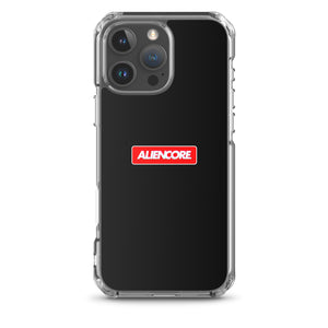 Black phone case with Aliencore logo on a white background