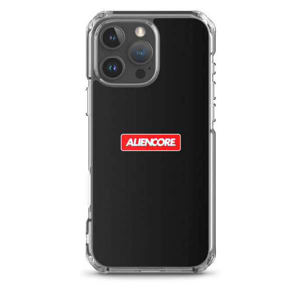 Black phone case with Aliencore logo on a white background