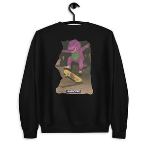 Model wearing ALIENCORE Limited Edition DINO? CODE X sweatshirt – glitch design
