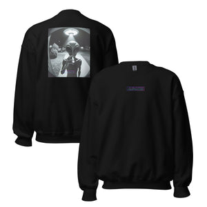 Black sweatshirt with alien graphic on the back and logo on the front, displayed on a white background.