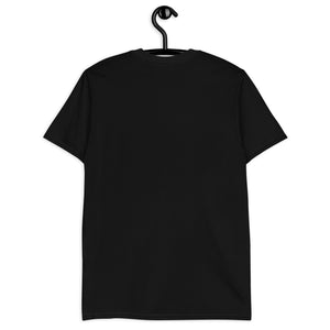 Black t-shirt on a hanger against a white background
