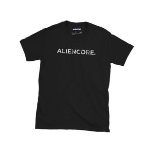 Black t-shirt with 'ALIENCORE' logo on a white background