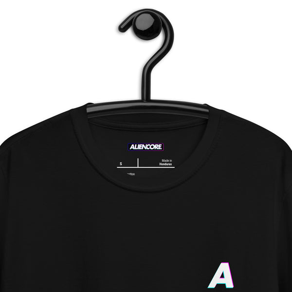 Black t-shirt with Aliencore label on a hanger against a white background