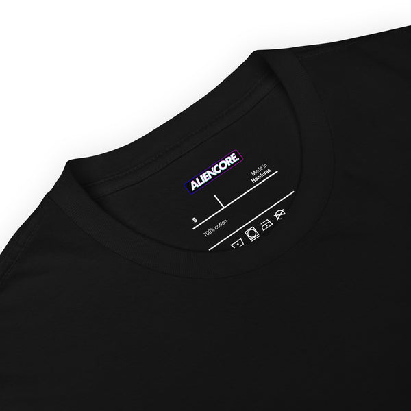 Black t-shirt with Aliencore label on a white background