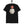 Black t-shirt with a graphic of a person in a suit and tie with a die head on a hanger.