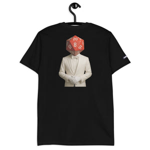 Black t-shirt with a graphic of a person in a suit and tie with a die head on a hanger.