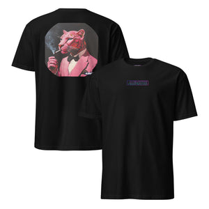 Black t-shirt with a graphic of a person in a suit on the front and a panther smoking a cigarette on the back.