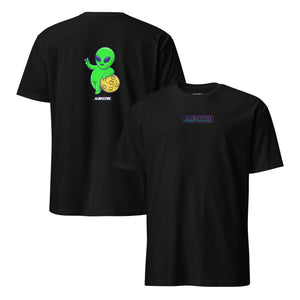Black t-shirt with a green alien graphic on the back and Aliencore logo on the front, displayed on a white background.