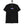 Black t-shirt with a logo on a hanger against a white background