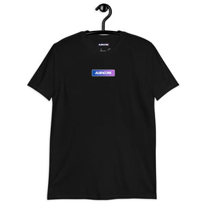 Black t-shirt with a logo on a hanger against a white background