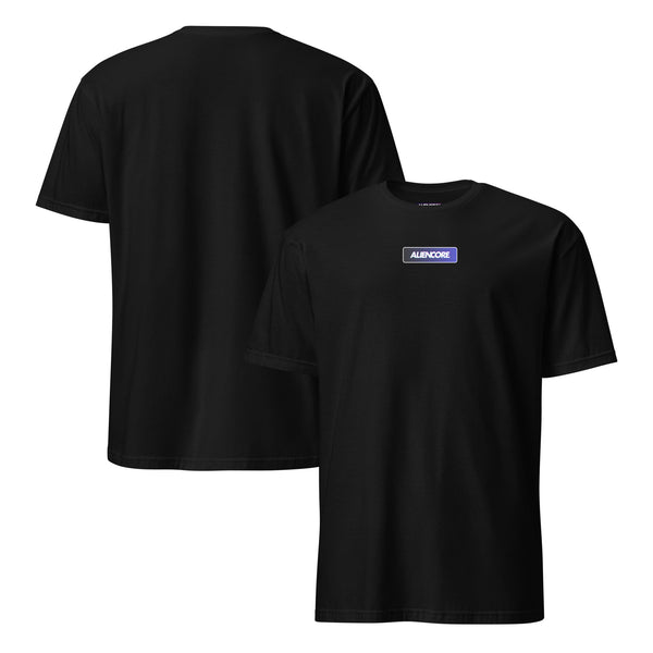 Black t-shirt with a logo on the chest, shown from front and back views.