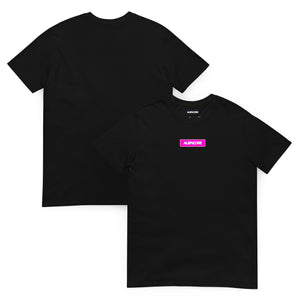 Black t-shirt with a pink logo on a white background