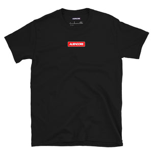 Black t-shirt with a red and white logo on a white background