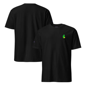 Black t-shirt with a small green and yellow graphic on the chest, shown from front and back.