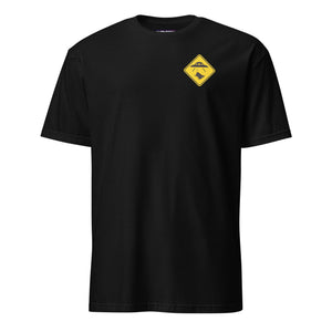 Black t-shirt with a yellow and black logo on a white background