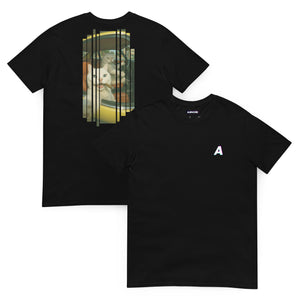 Black t-shirt with artistic design on front and brand logo on back