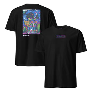 Black t-shirt with colourful graphic on the back and brand logo on the front, displayed on a white background.