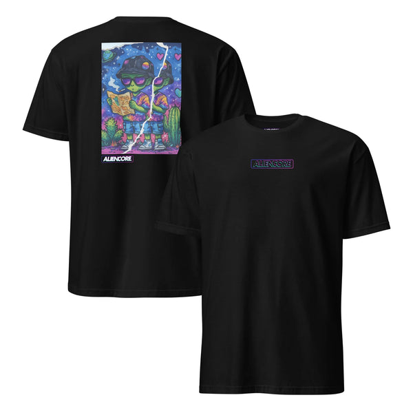 Black t-shirt with colourful graphic on the back and brand logo on the front, displayed on a white background.