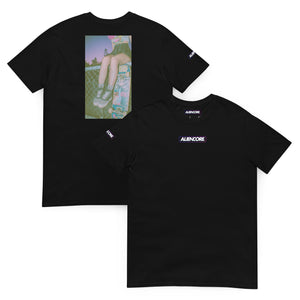 Black t-shirt with graphic design and brand logo on a white background