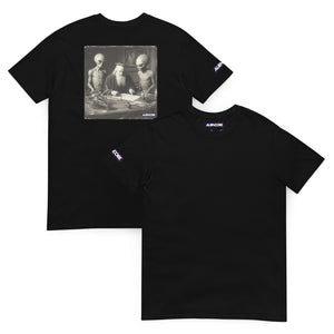 Black t-shirt with graphic design and text on a white background