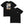 Black t-shirt with graphic design on front and brand logo on back, displayed flat.