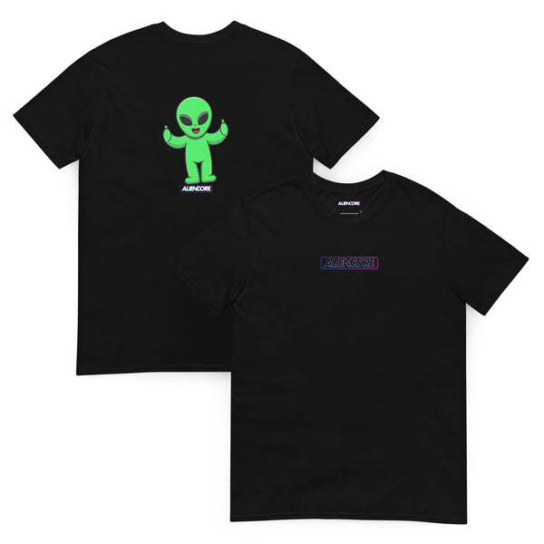 Black t-shirt with green alien graphic and brand logo on a white background
