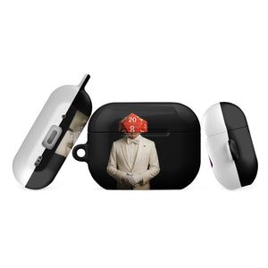 Black wireless earbud case with a design of a person in a suit and a red hat on a white background