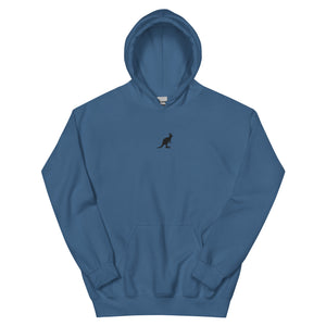 Blue hoodie with a small logo on the chest against a white background