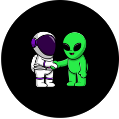 Cartoon astronaut and green alien shaking hands on a black background.