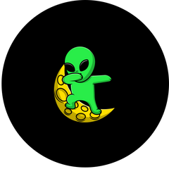 Cartoon green alien on a yellow moon against a black background.
