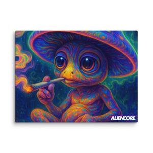 Colorful alien smoking a cigarette with Aliencore branding on a blue background