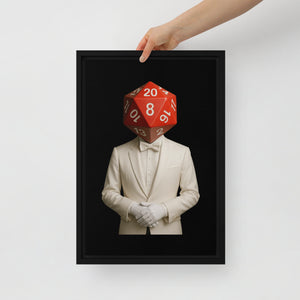 Framed artwork of a person in a white suit with a red die head on a light gray background