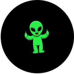 Green alien character on a black background