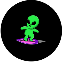 Green alien character surfing on a purple board against a black background.