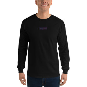 Man wearing a black long-sleeve shirt with a logo on a white background