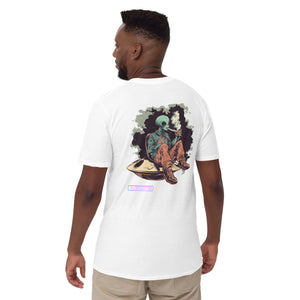 Man wearing a white t-shirt with a graphic design on the back, standing against a white background.