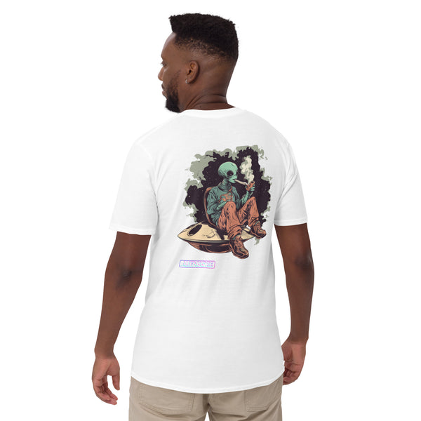 Man wearing a white t-shirt with a graphic design on the back, standing against a white background.