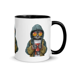 Mug with a cat in a hoodie and sunglasses holding a coffee cup design on a white background.