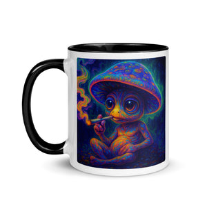 Mug with a colorful design of a mushroom-like creature smoking a cigarette on a white background