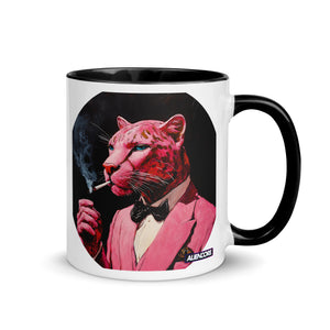Mug with a pink panther smoking a cigarette design on a white background