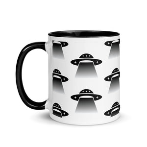 Mug with black UFO pattern on a white background