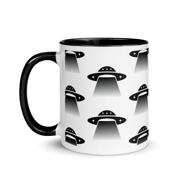 Mug with black UFO pattern on a white background
