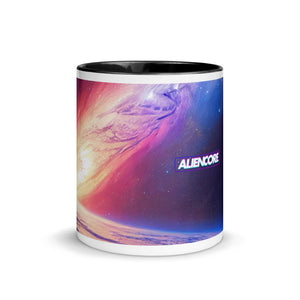 Mug with space-themed design and 'ALIENCORE' branding on a white background