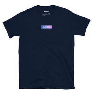 Navy blue t-shirt with a small logo on the chest against a white background